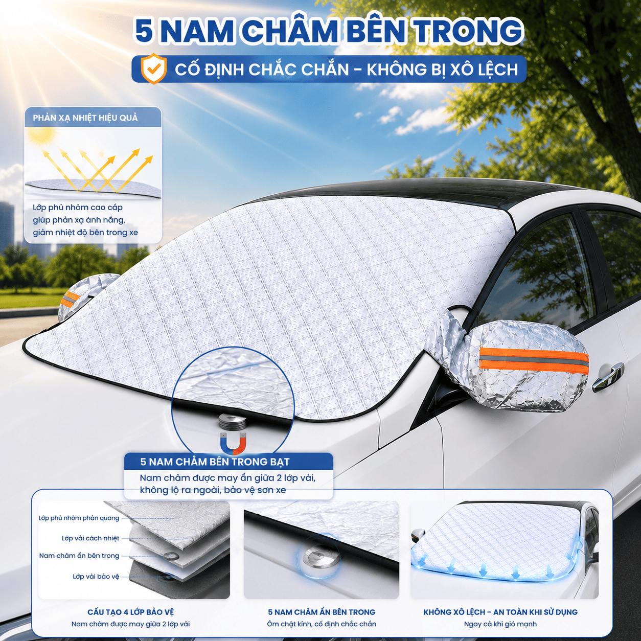 Tấm chắn nắng kính lái Yika bạt phủ 3 lớp