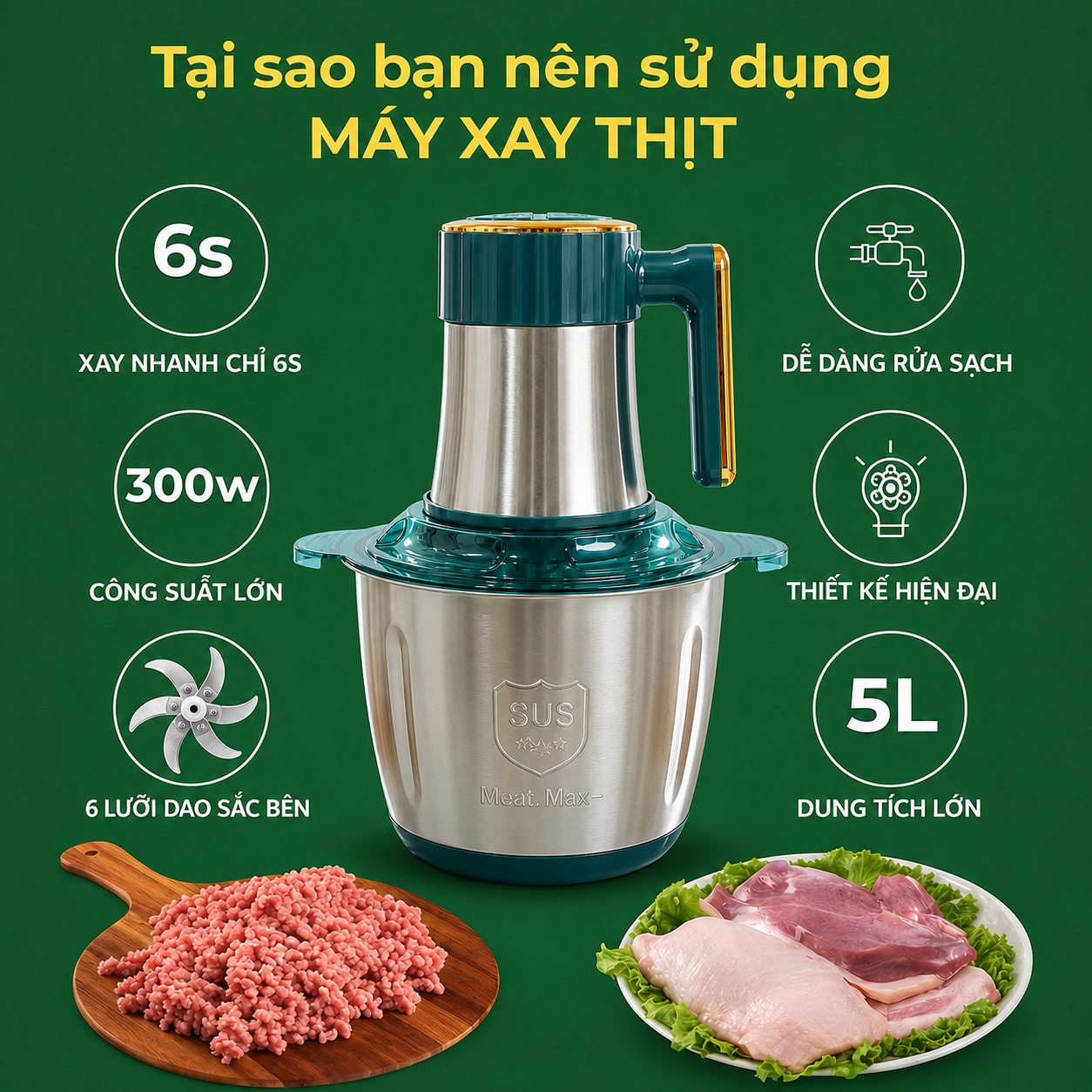 Máy Xay Đa Năng Siêu Khỏe Cối INOX, 5 Chế Độ Xay, Động Cơ Đồng 100%