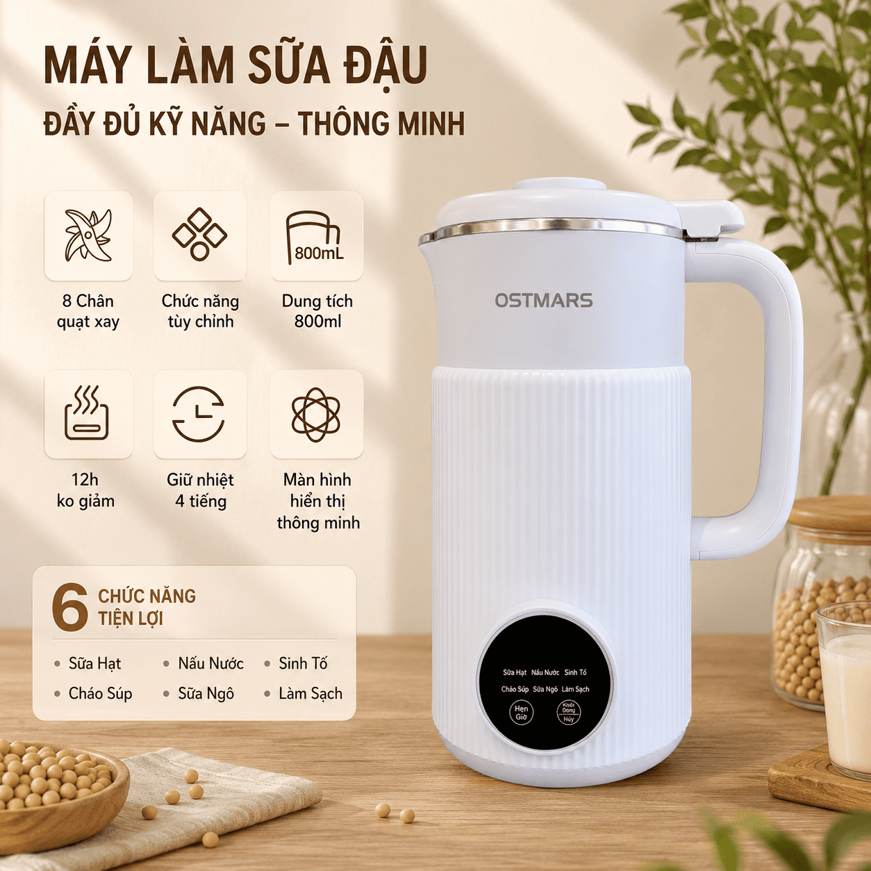 Máy Làm Sữa Hạt Đa Năng OSTMARS 800ml – 8 Chế Độ Nấu Tự Động, Công Suất 600W